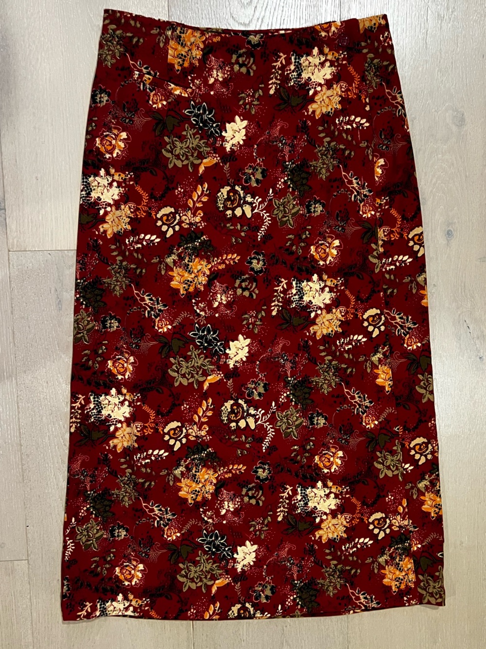 Vintage 2008 Christopher & Banks Burgundy Red Tapestry Floral Midi Skirt